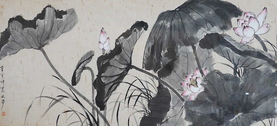 Professor Lau Ta-Po, Hong Kong artist, ink and watercolour, 'Lotus', signed and inscribed, 64 x 132cm. Provenance - bought from the artist in Hong Kong in 1971. This painting is illustrated in the Hong Kong standard date
